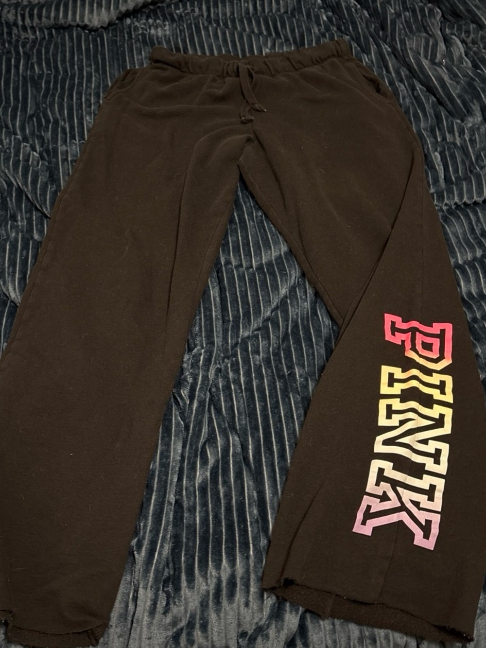 PINK Victoria's Secret Black Joggers with Pink-Yellow Gradient Logo